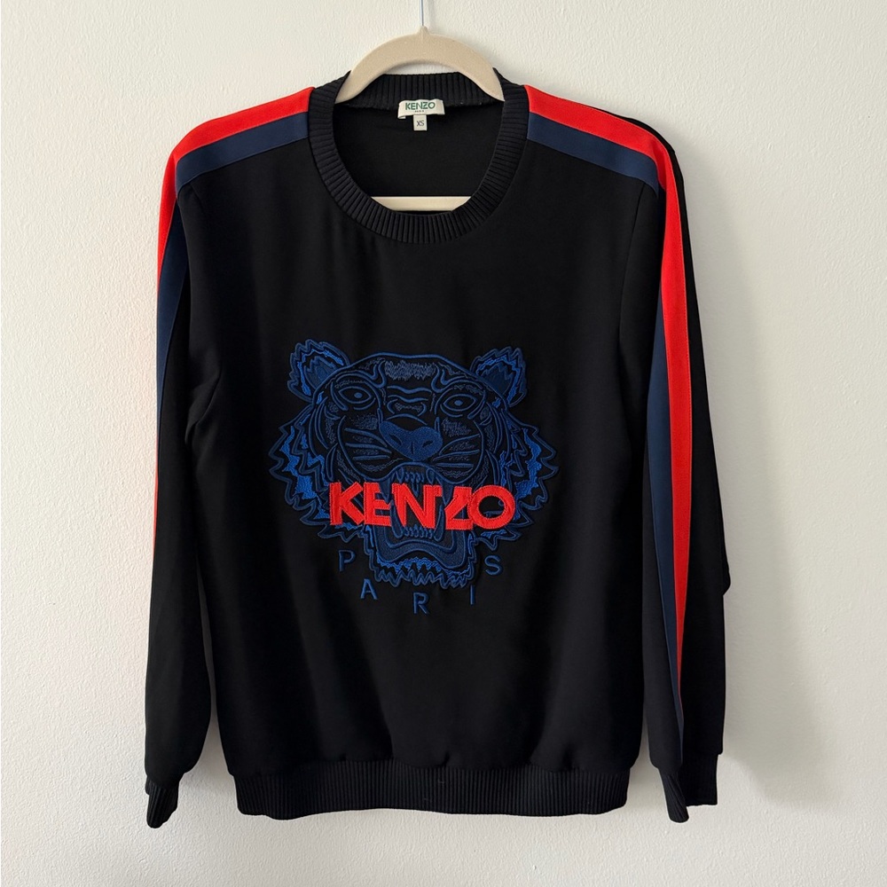 Kenzo Black Crewneck Sweater with Red and Blue Details